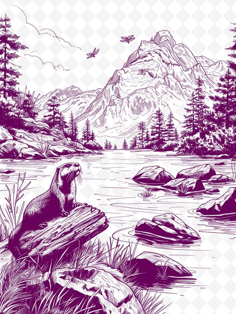 PSD a drawing of a bear in a forest with mountains in the background