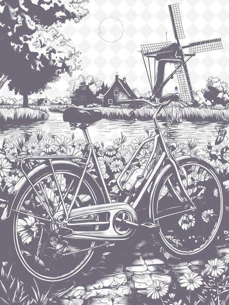 a drawing of a bicycle with a house in the background