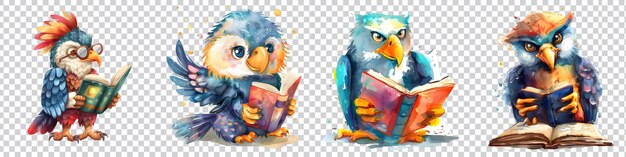 a drawing of a blue bird reading a book