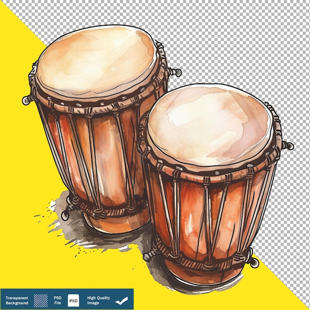 Drawing of Bongo Drums White Isolated Sheet Background transparent background PNG PSD