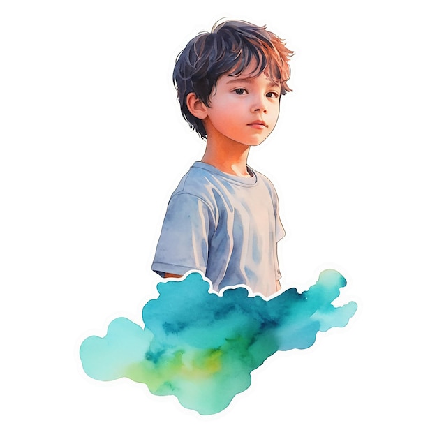 PSD a drawing of a boy with a blue and green watercolor on it