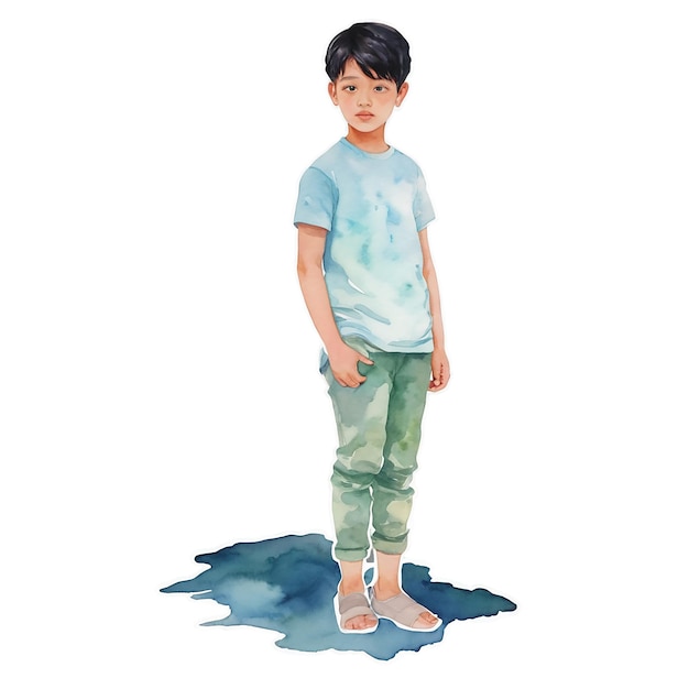 PSD a drawing of a boy with a blue shirt that says  the word  on it