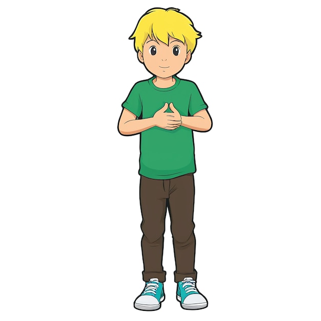 PSD a drawing of a boy with a green shirt that says quot he is standing in front of him quot