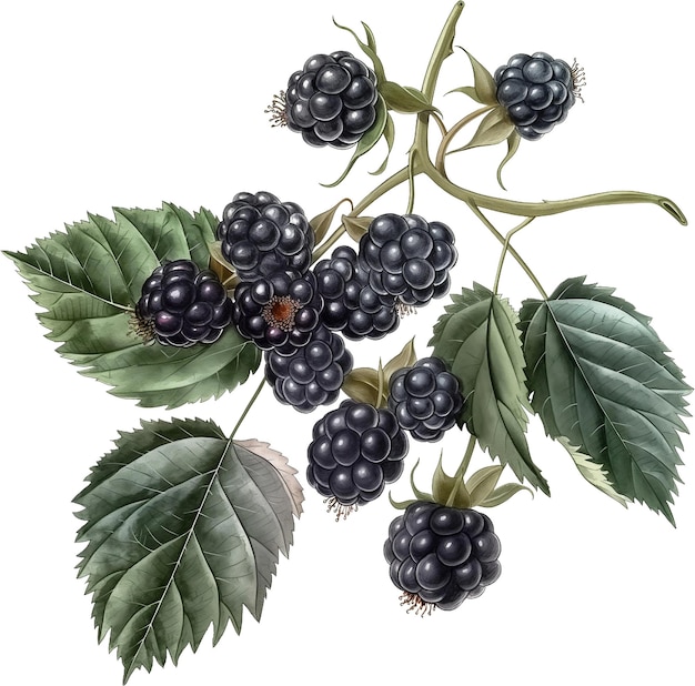 PSD a drawing of a bunch of blackberries with leaves