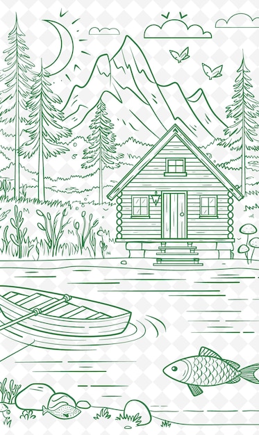 PSD a drawing of a cabin with a boat in the water