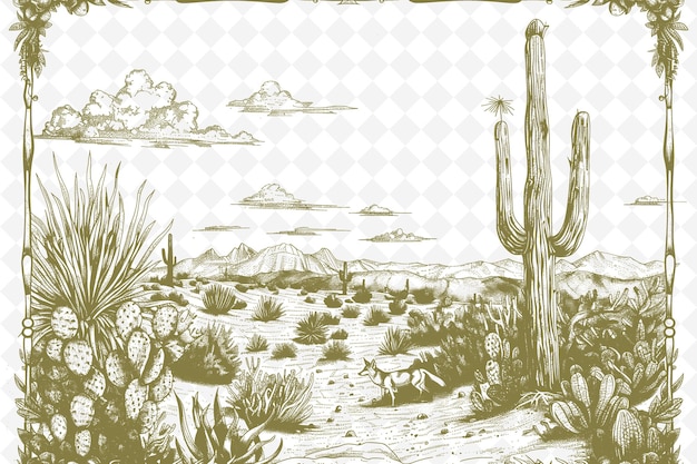 a drawing of cactus and cactus in a desert with a mountain in the background