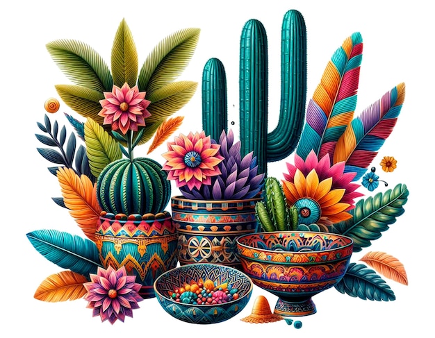 a drawing of a cactus vases flowers and plants with variety of colors in mexican culture style