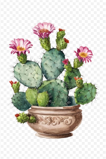 PSD a drawing of a cactus with flowers and a vase with flowers