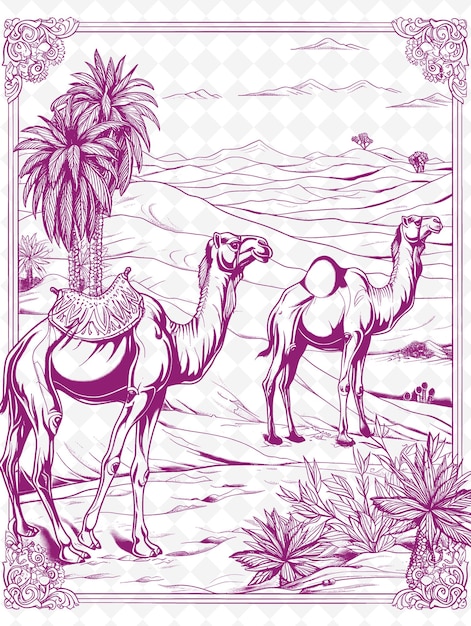 PSD a drawing of a camel with palm trees and a pink background