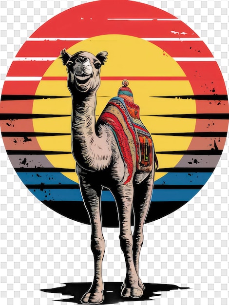 a drawing of a camel with a sun and a sun in the background