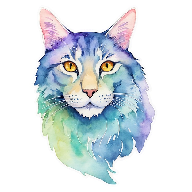 a drawing of a cat with a blue and green face