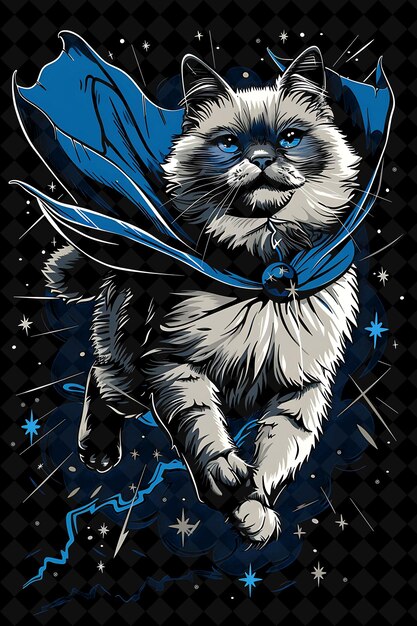 a drawing of a cat with a blue ribbon that says cat with a star on it