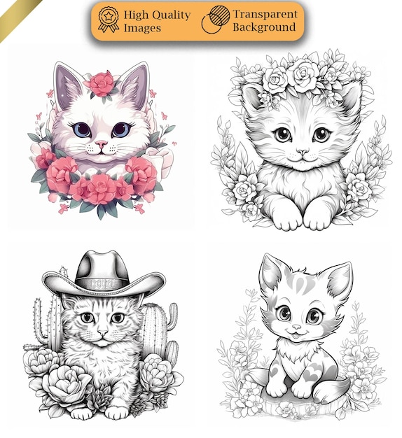 PSD a drawing of a cat with a flower in the middle cute cat coloring book