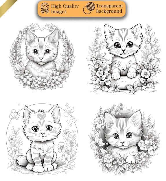 a drawing of a cat with a flower in the middle Cute cat coloring book