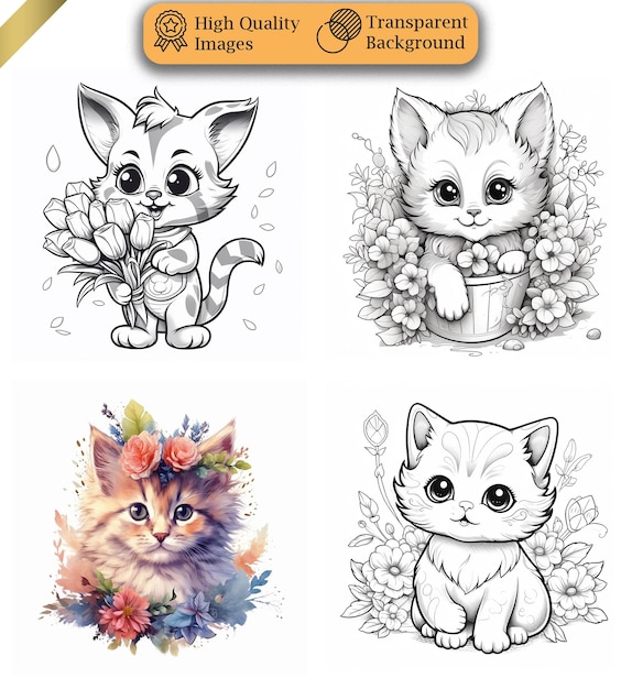 a drawing of a cat with a flower in the middle Cute cat coloring book