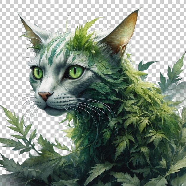 PSD a drawing of a cat with a green face and leaves