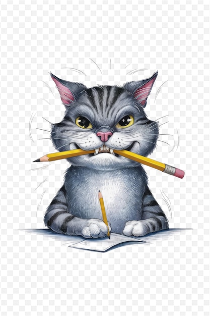 a drawing of a cat with a pencil in his mouth