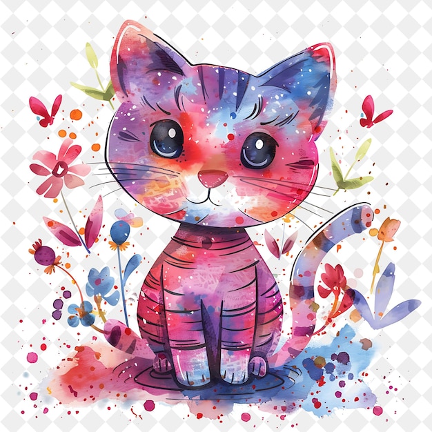 a drawing of a cat with a pink body and flowers