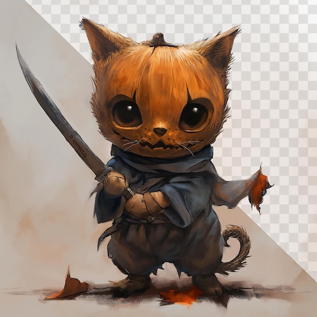 PSD a drawing of a cat with a sword and a knife