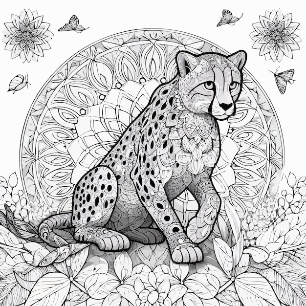 a drawing of a cheetah with butterflies and butterflies