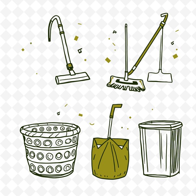 PSD a drawing of a cleaning brush and a bucket with a bucket of trash