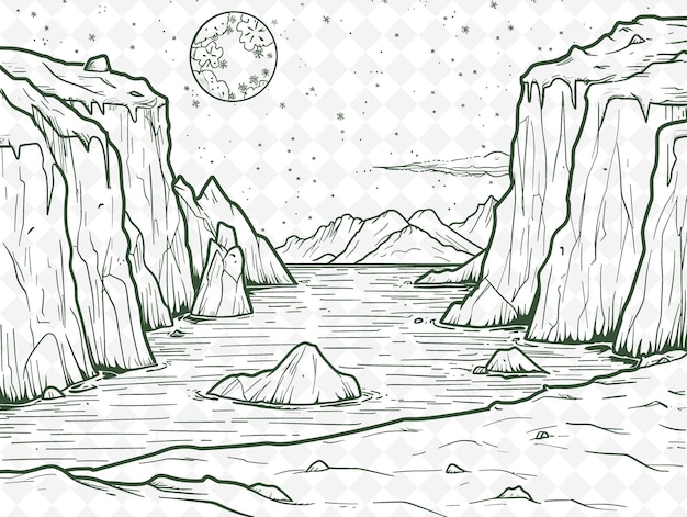 a drawing of a cliff with a moon and stars on it