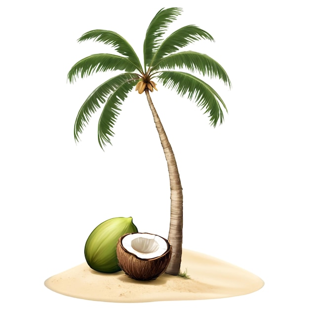 PSD a drawing of a coconut and a coconut drink with a tropical leaf on the side