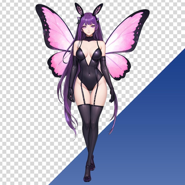 a drawing of a fairy with purple wings and a pink butterfly