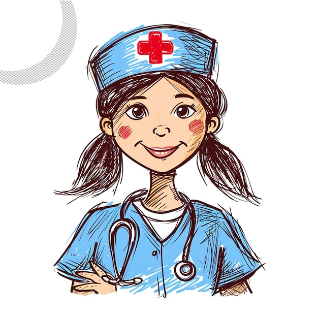 PSD a drawing of a female nurse with a red cross on her cap isolated