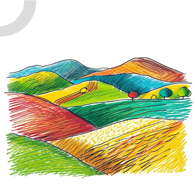 A drawing of a field with a green grass and mountains isolated