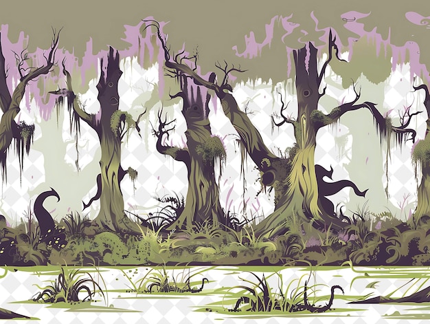 PSD a drawing of a forest with a tree with purple flowers