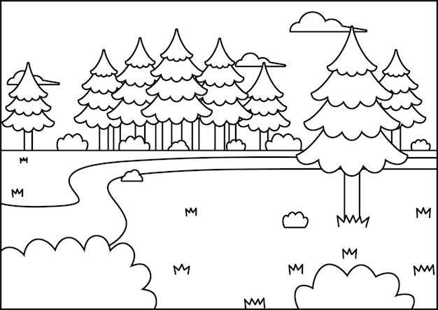 PSD a drawing of a forest with trees and clouds