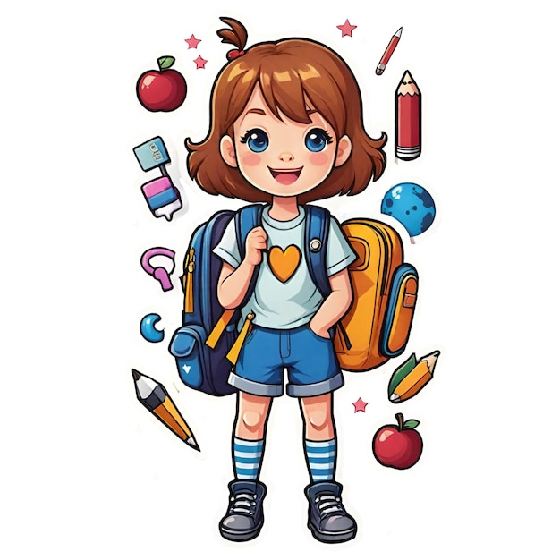 a drawing of a girl with a backpack and a pencil