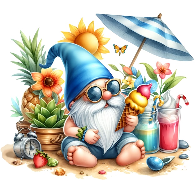 PSD a drawing of a gnome with an umbrella and flowers