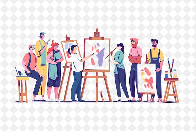 a drawing of a group of people in front of a picture of a man painting