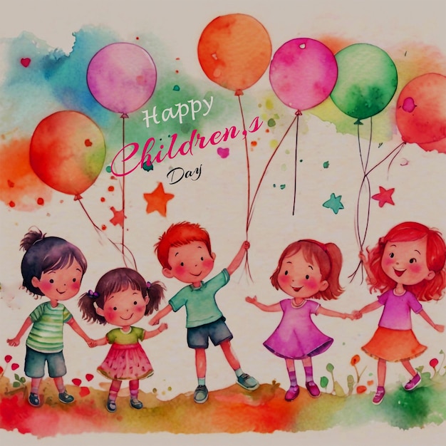 PSD a drawing of a happy halloween day with kids holding balloons