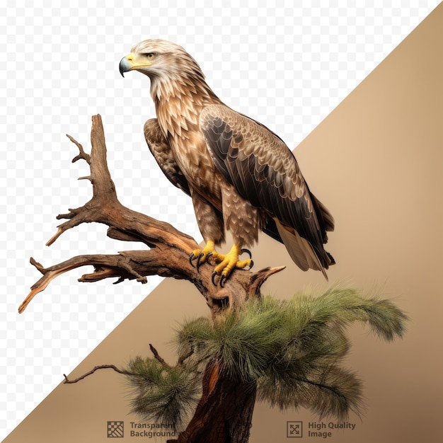 a drawing of a hawk on a tree with a picture of a bird on it.