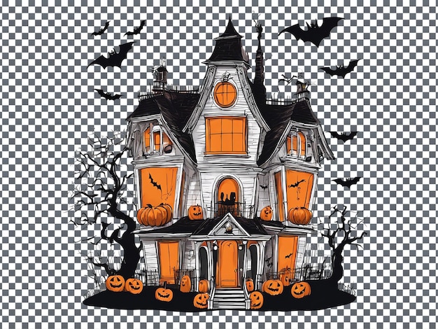 a drawing of a house with bats flying around it