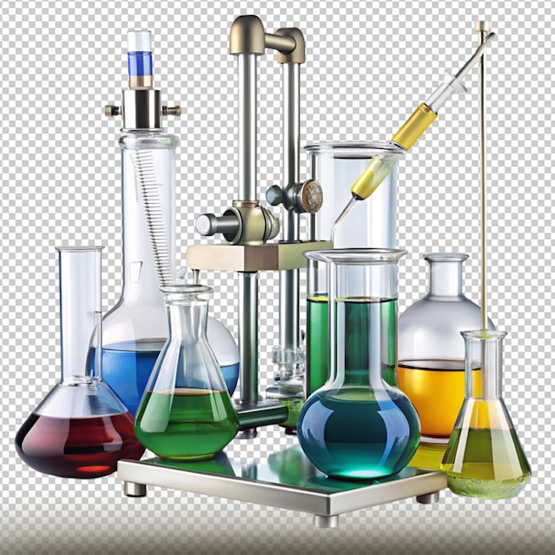 a drawing of a lab with different colored liquid and a test tube