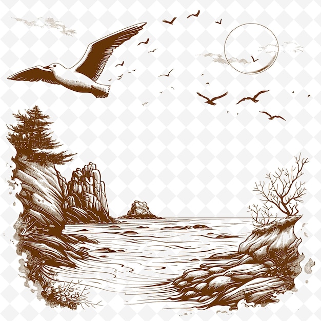 PSD a drawing of a landscape with birds flying above the water