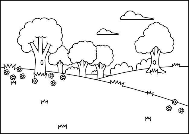 a drawing of a landscape with trees and a building with a number 3 on it