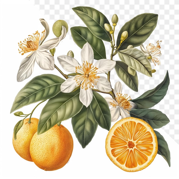 a drawing of a lemon tree and oranges with flowers and leaves