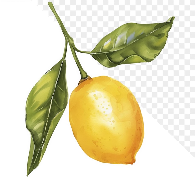 a drawing of a lemon with green leaves on a transparent background