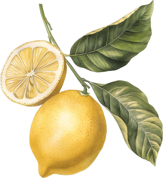 A drawing of a lemon with leaves