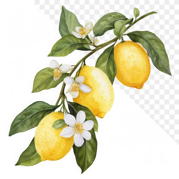 a drawing of lemons and a branch with flowers on a transparent background