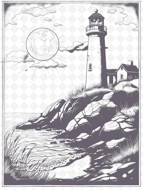 a drawing of a lighthouse by the sea