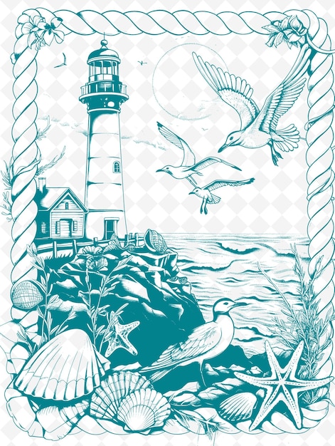 a drawing of a lighthouse and seagulls flying over a lighthouse