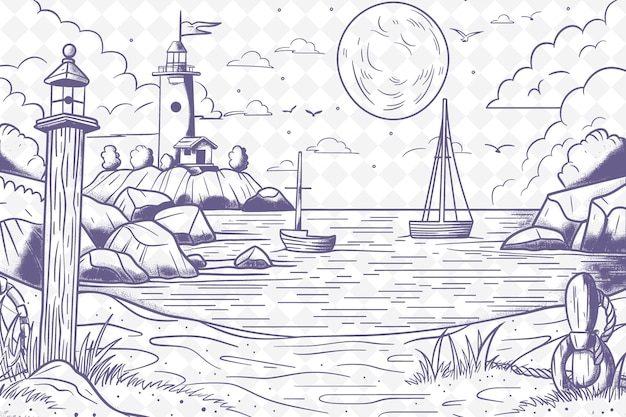 PSD a drawing of a lighthouse and a ship in the sea