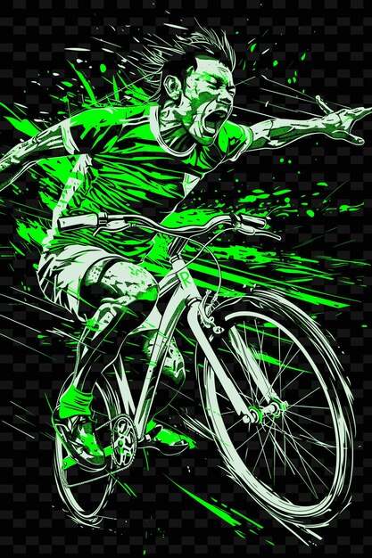 a drawing of a man on a bike with a green background