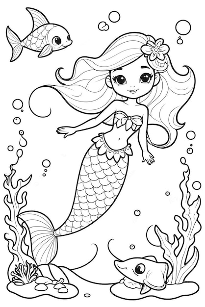 PSD a drawing of a mermaid with long hair and a mermaid in the background